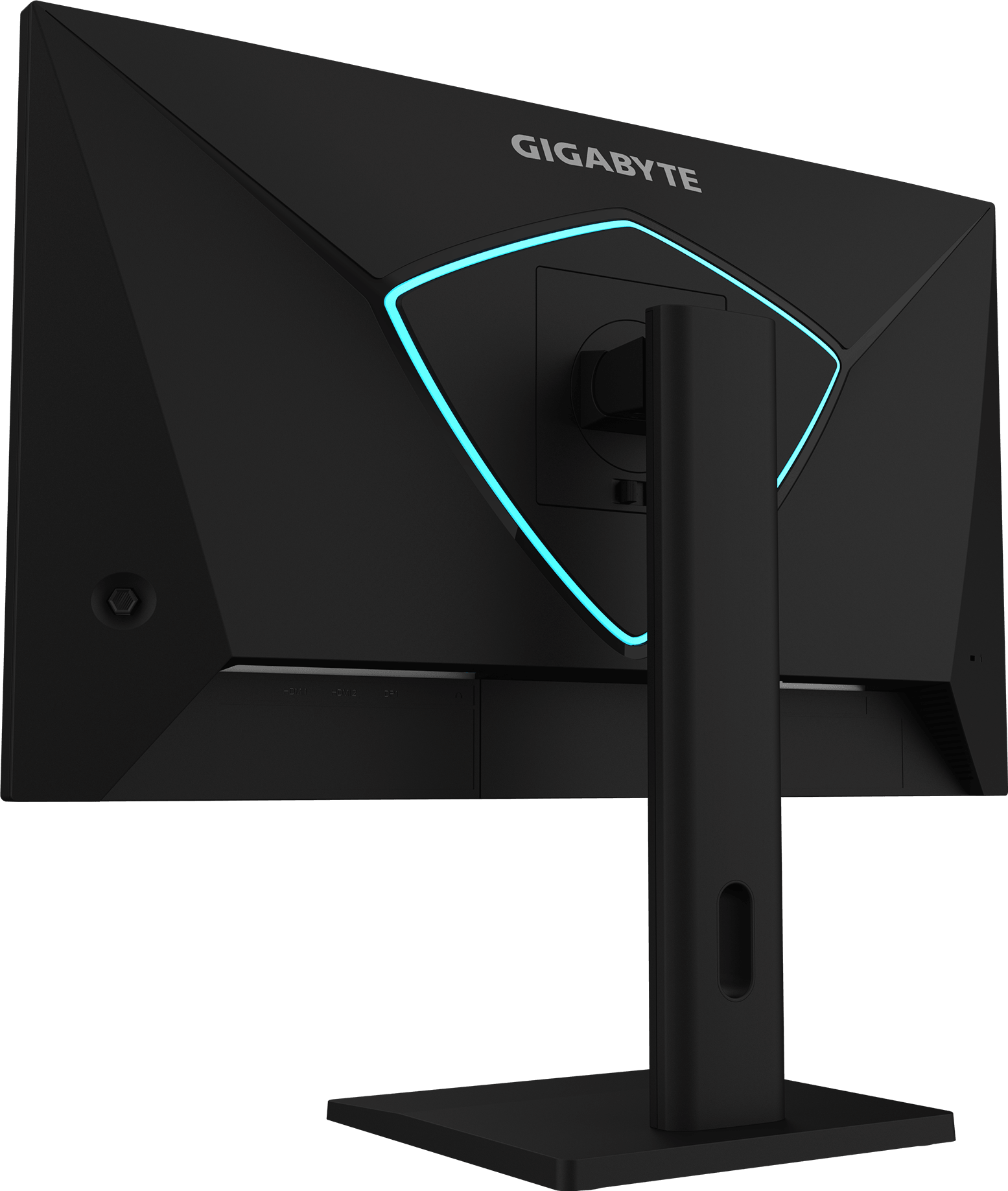 GIGABYTE G27Q3 arka görünüm, ayarlanabilir stand ve arka paneldeki turkuaz ışıklı desen