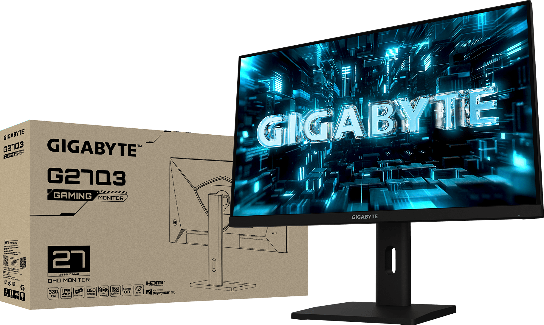 GIGABYTE G27Q3 monitör ve yanında üzerinde model adı yazan karton ürün kutusu
