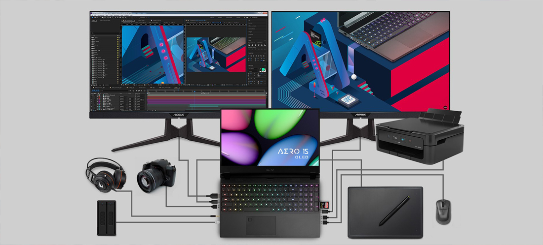 AERO supports a series of external devices including monitors, hard drives, tablets, etc.