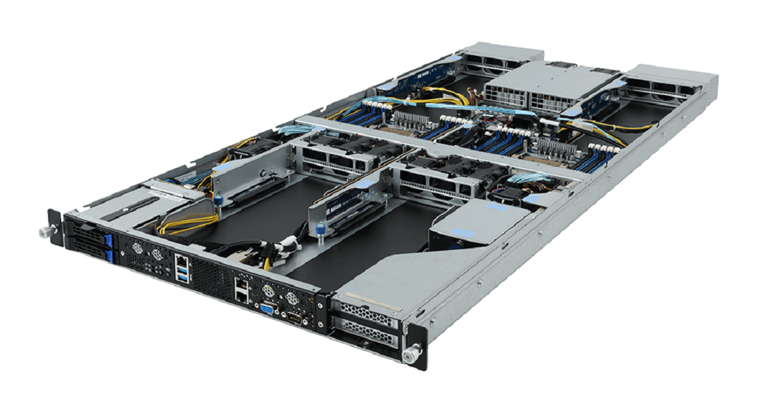 With four GPU card slots in a 1U chassis, the GIGABYTE G191-H44 boasts industry-leading GPU density that makes it ideal for workloads related to artificial intelligence, machine learning, and deep learning, as well as HPC-related applications in a render farm used by animators and filmmakers.