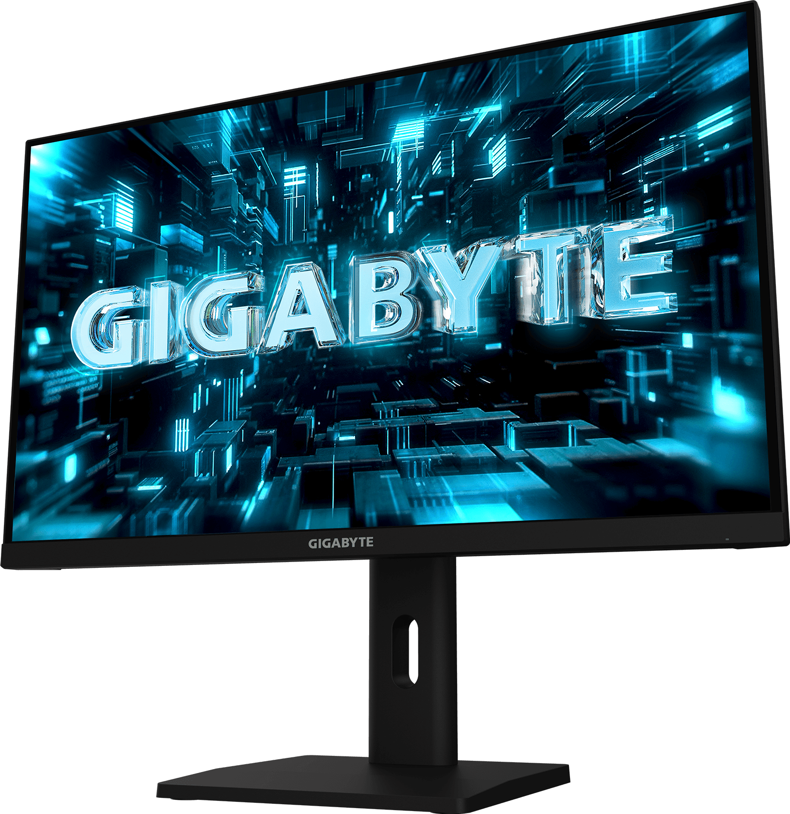 GIGABYTE G27Q3 27 inç oyun monitörü, ince çerçeveli ekran ve yüksekliği ayarlanabilir siyah stand, önden açılı görünüm
