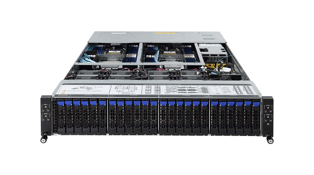 GIGABYTE’s H261-Z60 features 4 server nodes in a 2U chassis, making it suitable for high density compute applications. It supports up to double the compute capacity, as well as providing flexible expansion availability and optimized power and cooling capabilities for more efficient power consumption and a reduction of operating expenditure.