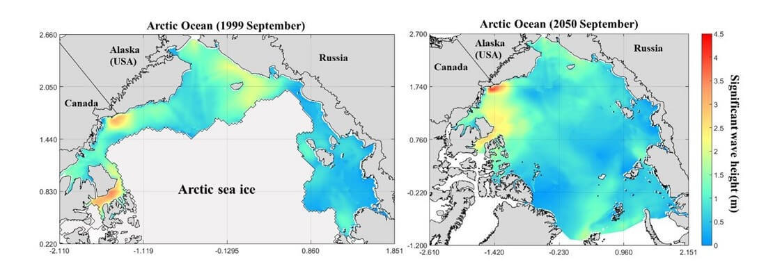 Historical and future simulations of wave conditions during storms near Canada and the United States. It is predicted that as early as mid-century, we could see an ice-free Arctic Ocean in the summer months. (Images provided by Shibayama Lab)