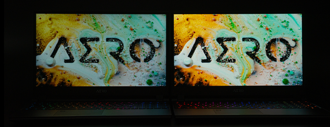 AERO 15 OLED's screen supports wide color gamut, high brightness and high contrast ratio, and hence the images looks brighter and more vibrant. Left: AERO 15 Classic with LCD panel; Right: AERO 15 OLED with OLED panel.