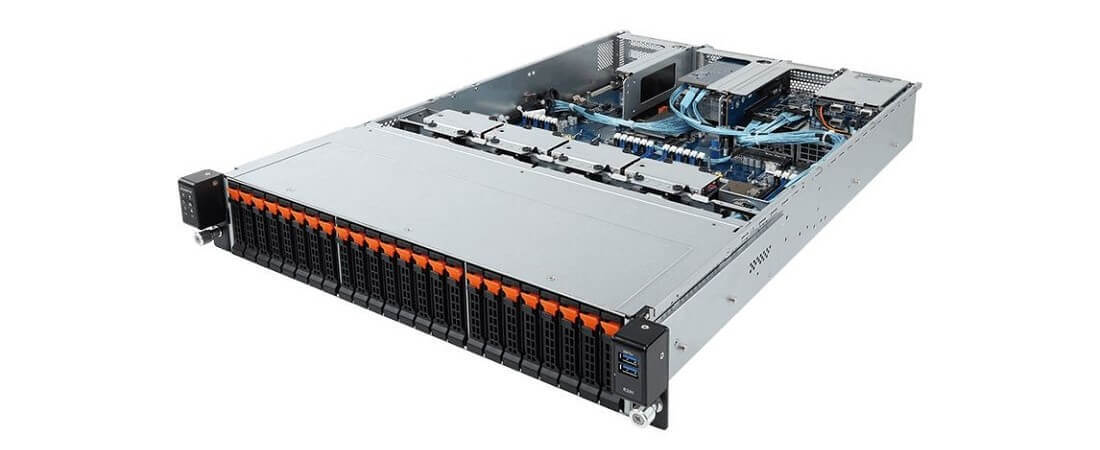 GIGABYTE’s R281-NO0 is a versatile server solution with the capacity for 24 NVMe drives, which can be paired with SSD through PCIe for faster disk interface protocol.