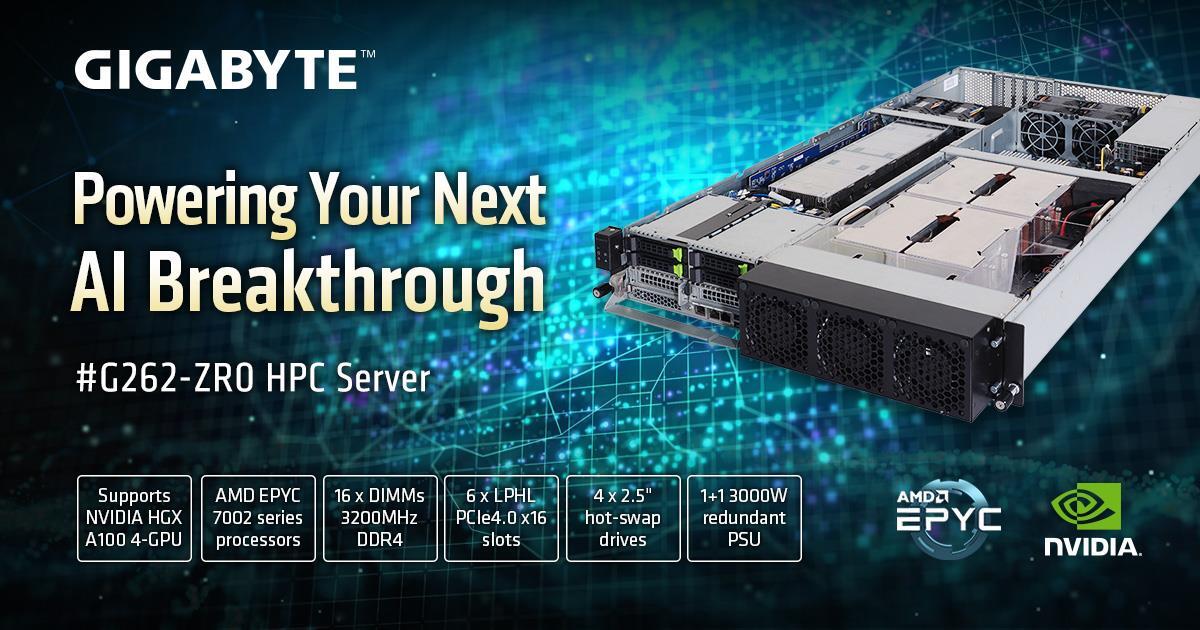 기가바이트, NVIDIA HGX™ A100 4-GPU를 장착한 2U GPU 서버 G262-ZR0 출시
