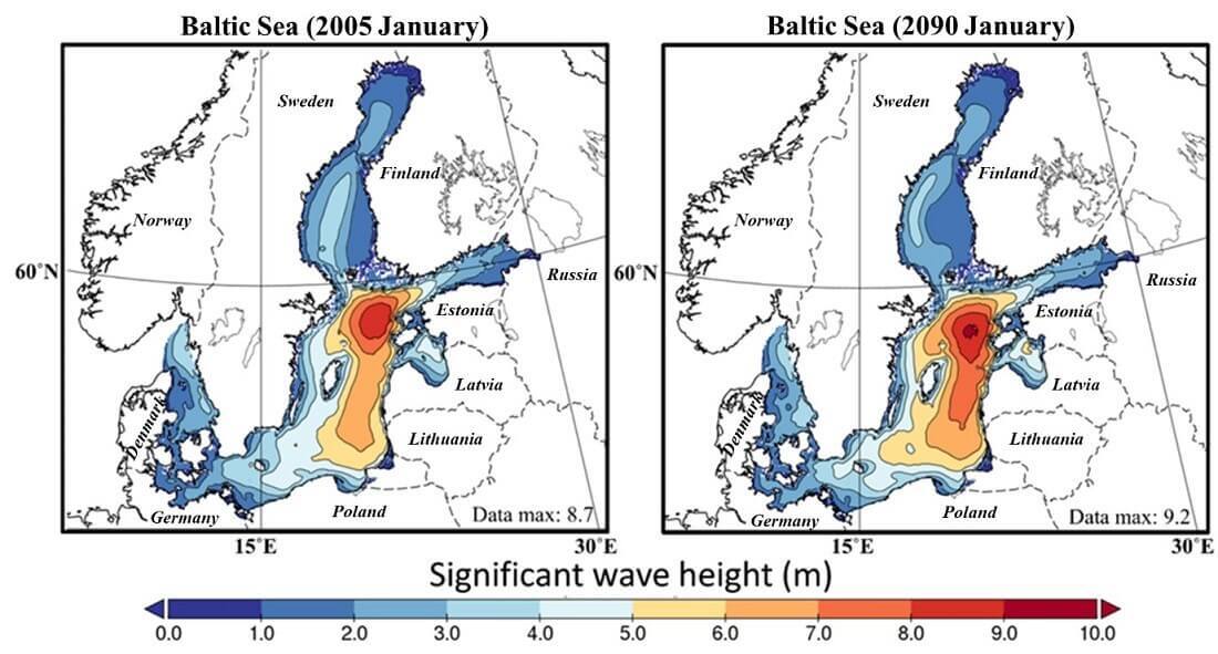Historical and future simulations of storm wave conditions in the Baltic Sea. Studies suggest we can expect future storms to become stronger under extreme climate warming scenarios, such as those outlined in the CMIP5 models presented in the IPCC Fifth Assessment Report. (Images provided by Shibayama Lab)