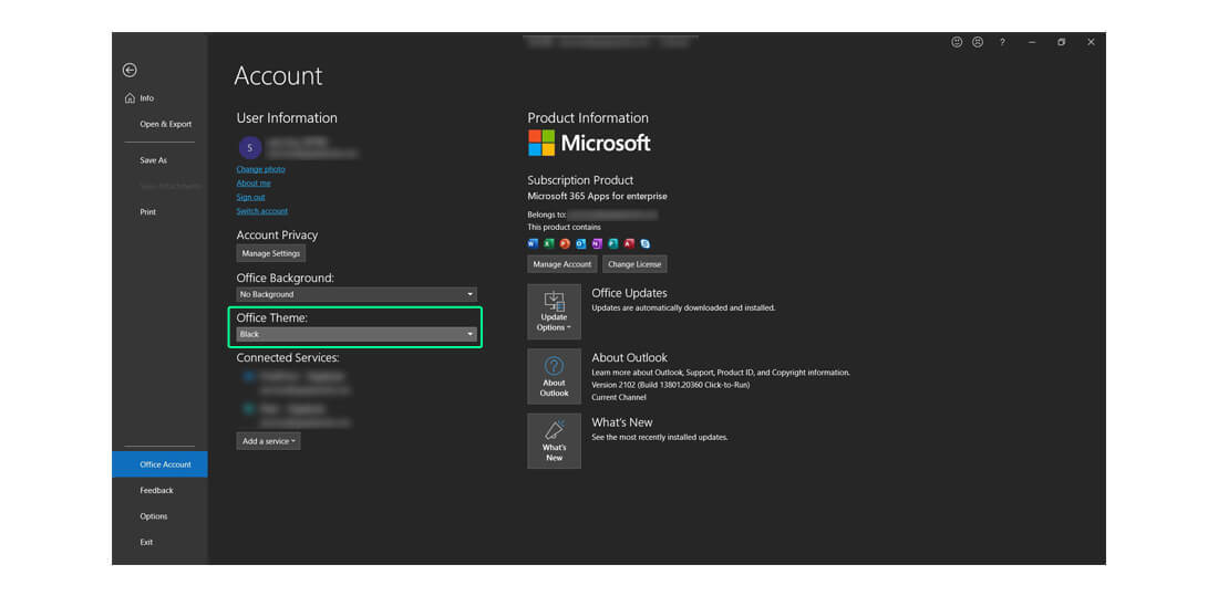 Run Office App> File > Office Account > Office Theme > Black