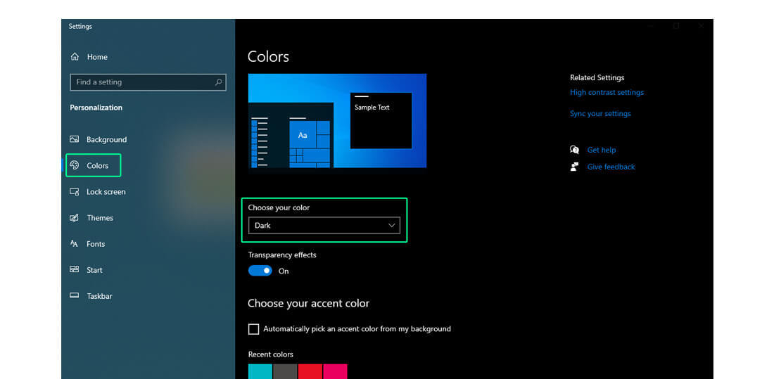 Right Click on Desktop > Personalize >Colors > Choose you color > Dark