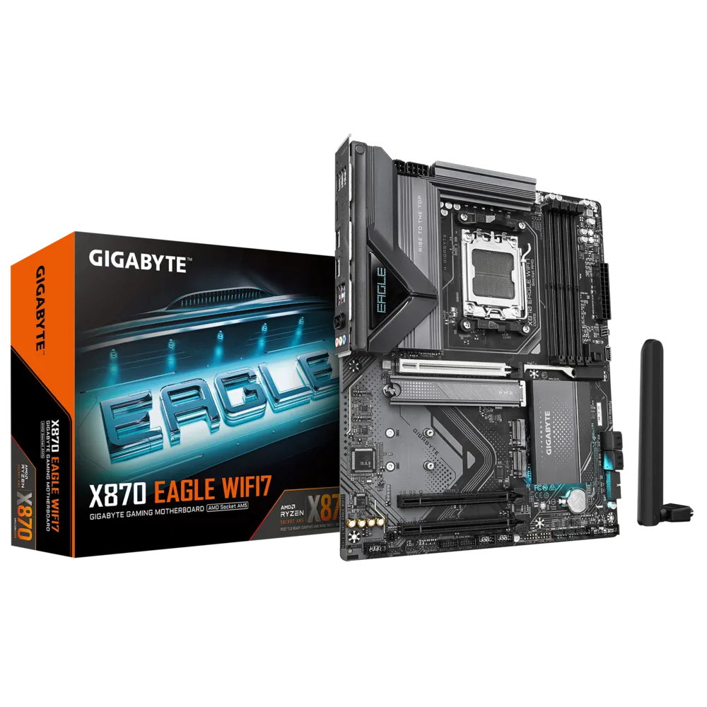 GIGABYTE X870 EAGLE WIFI7 / TARJETA MADRE ATX AM5 / X4 DDR5 SLOTS HASTA 8200(OC) MT/S / WIFI 7 & BLUETOOTH 5.4 / X3 M.2 PCIE4 / X1 HDMI, X2 USB4 (DP)