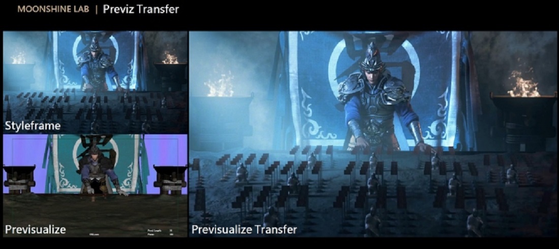 During animation production for a video game, a single “styleframe”
can be used to create a style setting, which can then be combined together with
different “previsualization” frames and transferred (“previsualize transfer”)
to create the final animated clip illustrated according to the style setting.