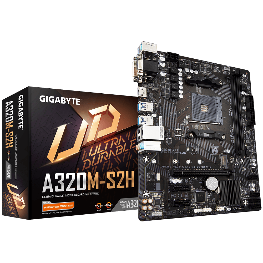 gigabyhte AMD A320, AM4 Socket,Ultra Durable Motherboard with Fast Onboard  Storage with NVMe,PCIe Gen3 x4 110mm M.2, 4K Ultra HD Support  (GA-A320M-S2H) Motherboard - gigabyhte 