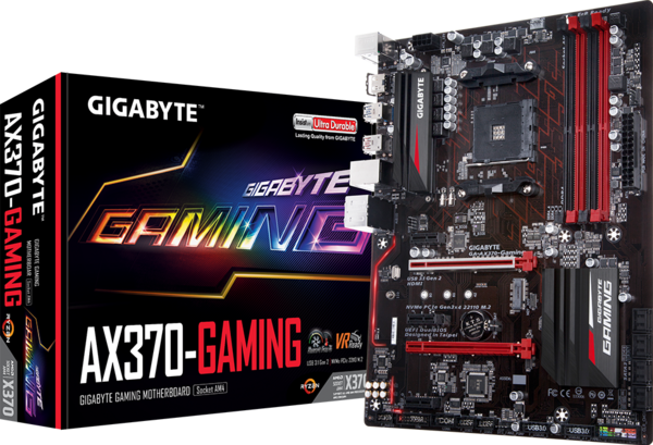 Motherboard GA-AX370-Gaming close-up showing PCB and heatsinks
