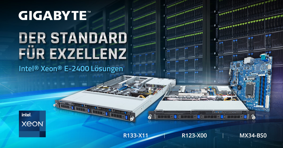 GIGABYTE bringt Server mit Intel<sup>®</sup> Xeon<sup>®</sup> E-2400 Prozessoren auf den Markt und veröffentlicht Updates zur Unterstützung von skalierbaren Intel Xeon Prozessoren der 5. Generation