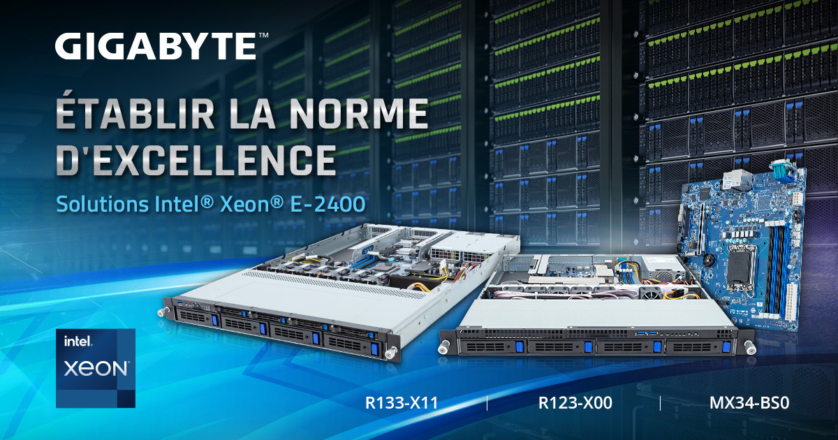 GIGABYTE lance des serveurs équipés de processeurs Intel<sup>®</sup> Xeon<sup>®</sup> E-2400 et partage des mises à jour pour prendre en charge les processeurs Intel Xeon Scalable de 5e génération